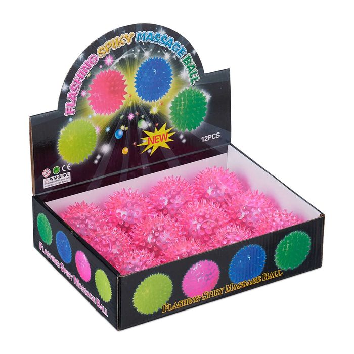 Set 12 mingi LED pentru copii, din cauciuc, cu tepi moi, roz, 6.5 cm