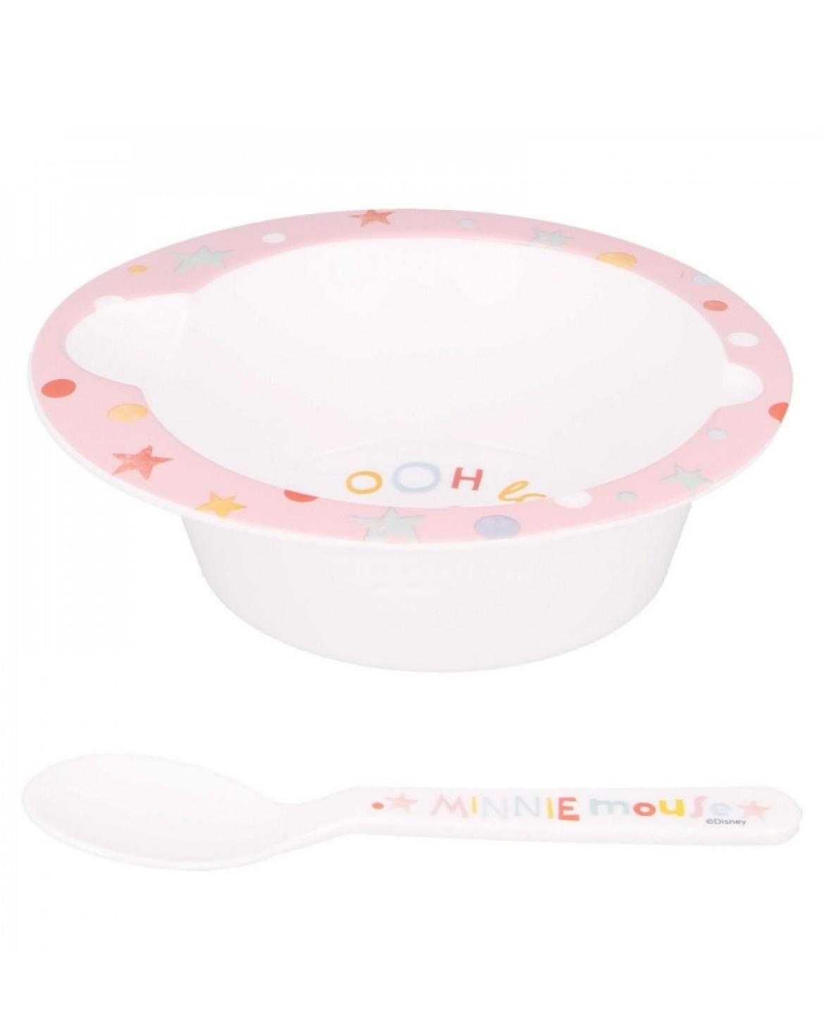 Set Bol Adanc + lingura DisneyMinnie Baby, BPA Free, Roz si Alb