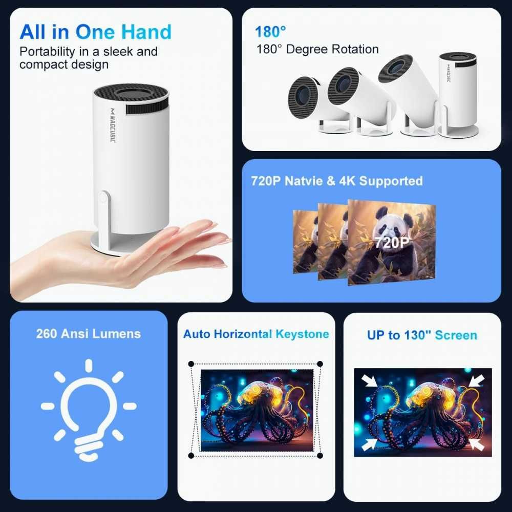 Преносим видеопроектор 4K, HDMI, USB, Android, Wi-Fi 6, BT 5. 130 инча