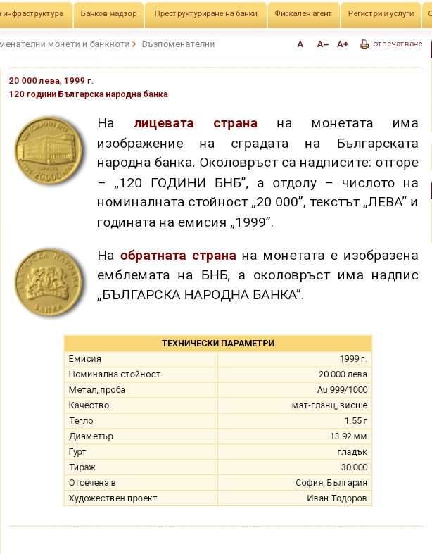 Златна 24 карата монета 120 години БНБ