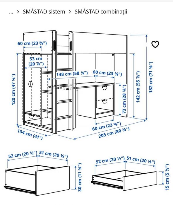 Pat supraetajat cu birou Ikea