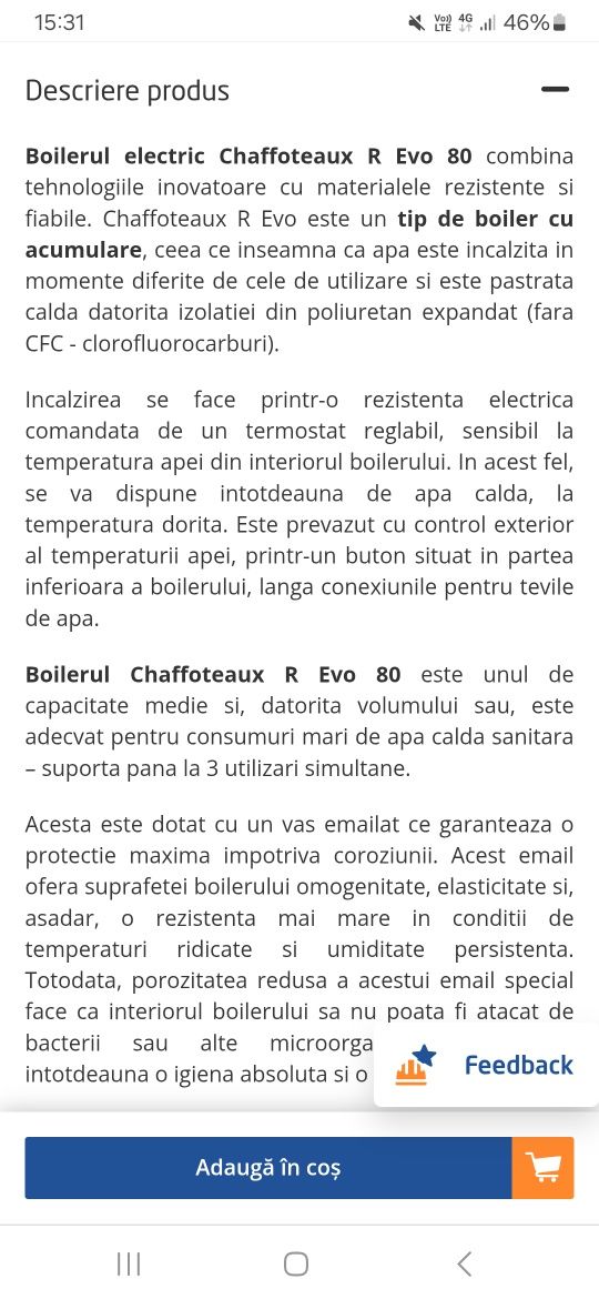 Boiler electric chaffoteaux 80 litri