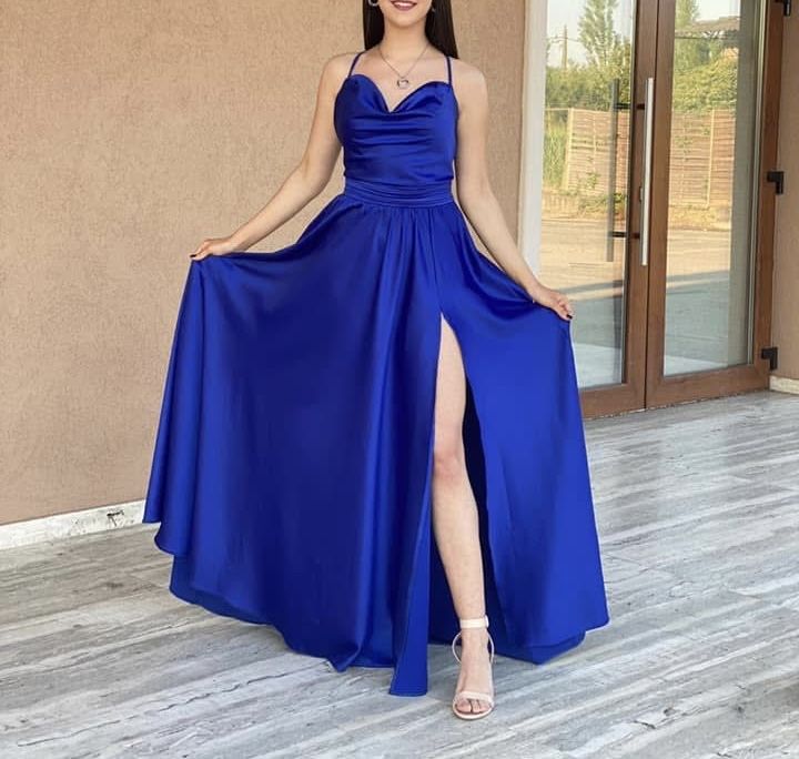 Rochie din satin lunga, albastra