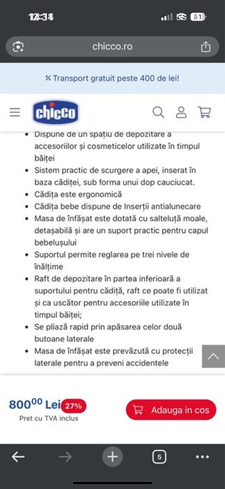 Masa infasat Chicco +cadita baie