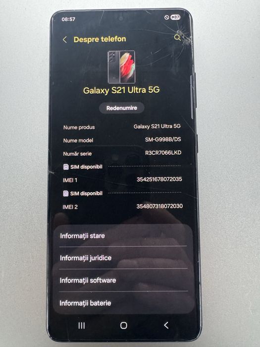 Samsung Galaxy S21 Ultra 5 G 12 GB Ram fisurat nu afecteza Dual sim
