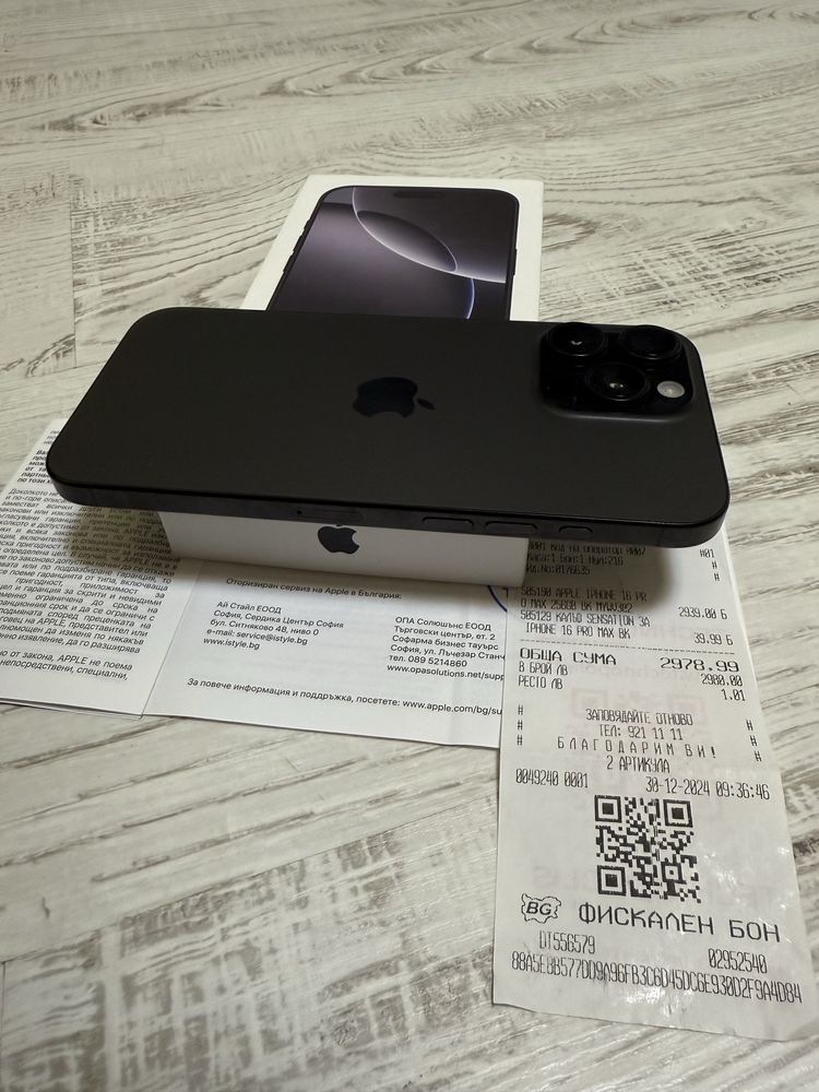 КАТО НОВ Iphone 16 Pro Max 256GB Black 5G 24м. ГАРАНЦИЯ