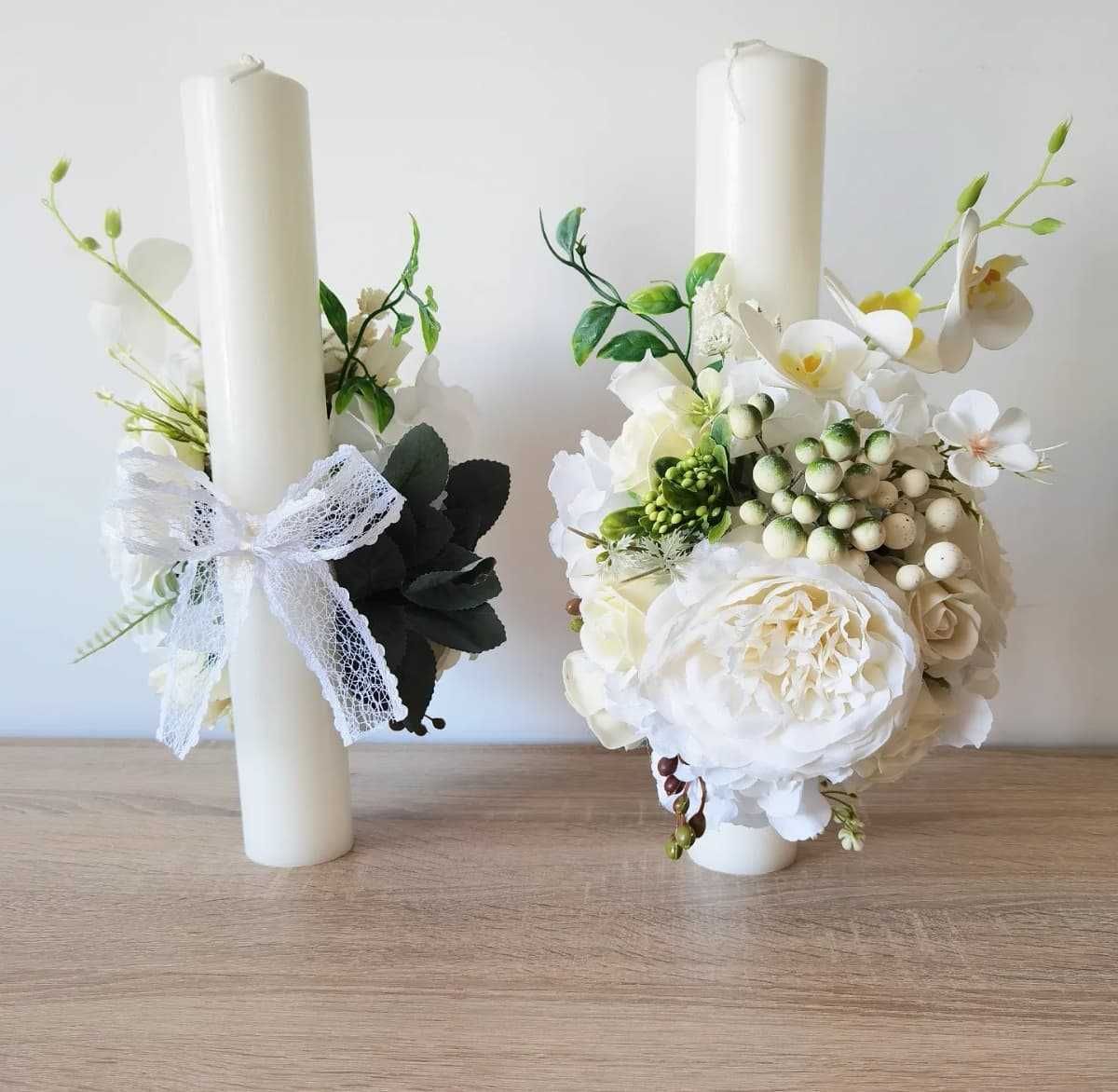 Lumanare cu flori albe din matase botez/nunta