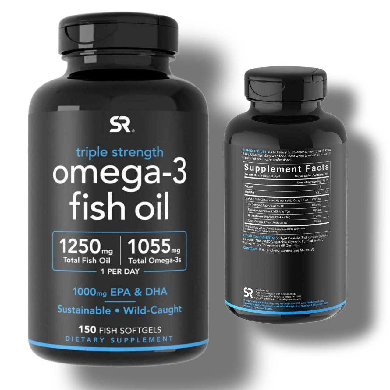 Омега-3/ 150 шт. Sports Research Triple Strength Omega-3 1250мг США