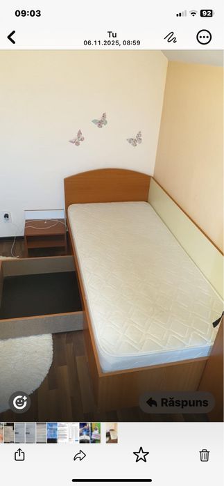 Pat 90x200 cu saltea si noptiera inclusa