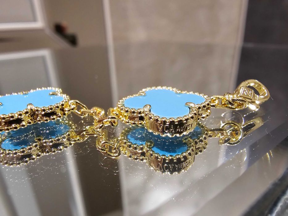 Van Cleef & Arpels VCA Gold Turquoise 5 Motif Alhambra Дамска Гривна