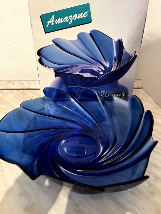 Декоративна стъклена купа за плодове - синя