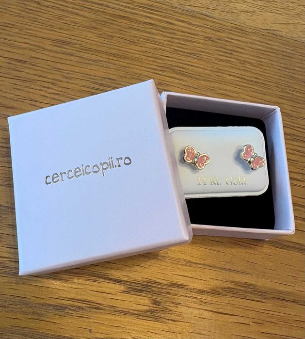 Cercei copii noi aur 14k Fluturasi roz
