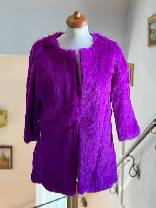 Haină damă fucsia din blană naturală de iepure – mâneci 3/4