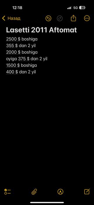 Lasetti 2011 Aftamat Arenda Boshiga 2000 $ qogani 25 Taliy