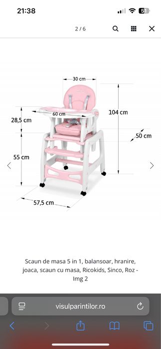 Scaun de masa 5 in 1   Roz cu alb