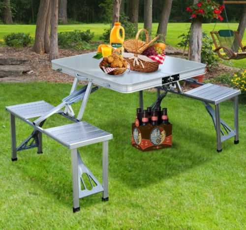 Set pliabil pentru camping cu masa si 4 scaune din aluminiu