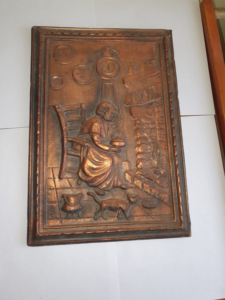 Panoplie cupru tablou in relief german arama pe lemn vintage