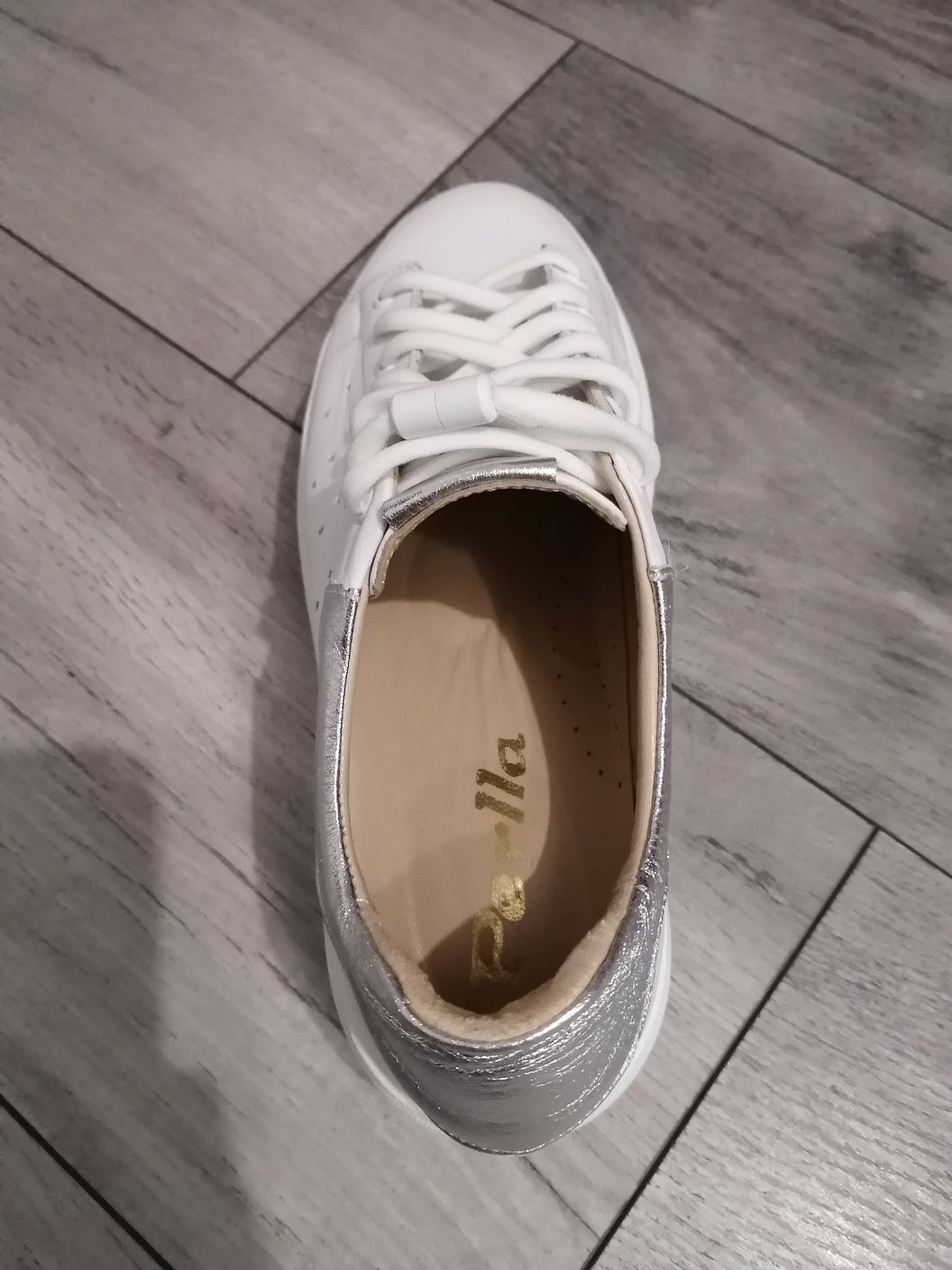 Pantofi Sport Piele Naturala Alb cu Argintiu