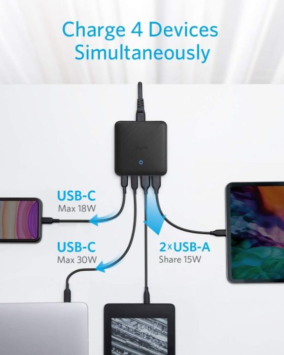 Anker PowerPort Atom III Slim USB C зарядно с 63W, 2 x USB-C и 2 х USB