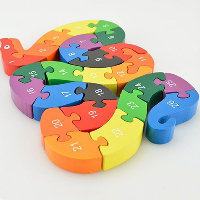 Puzzle lemn 3D multicolor, cifre si litere, model Sarpe