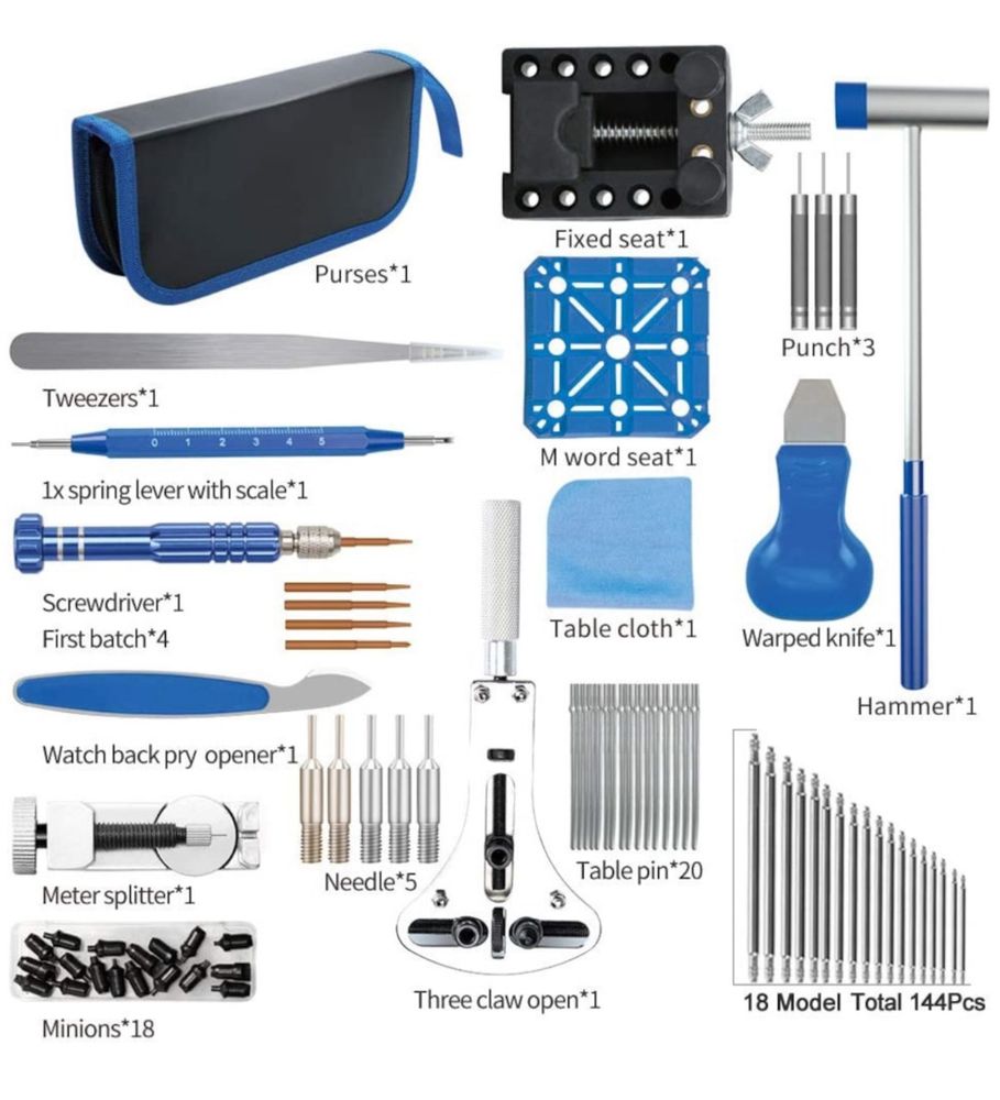 Set instrumente repararea ceasurilor, Plastic/Inox, Albastru/Argintiu