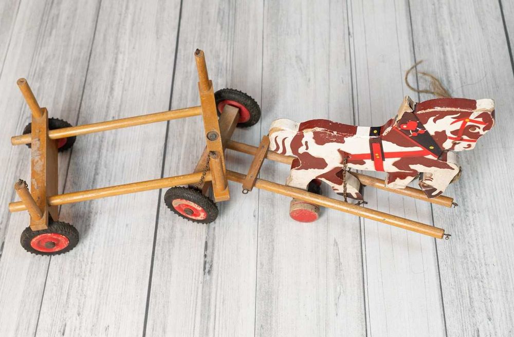 cal si car din lemn, jucarie vintage, lungime aprox. 73 cm