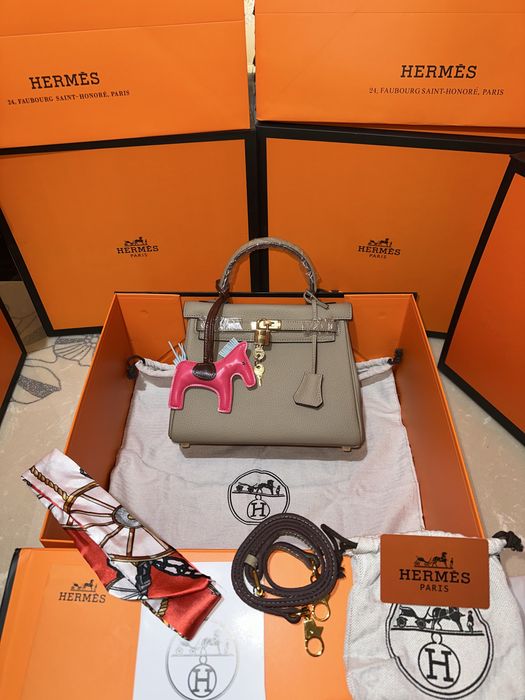 Geanta Hermes Kelly 25cm Gri/accesorii gold