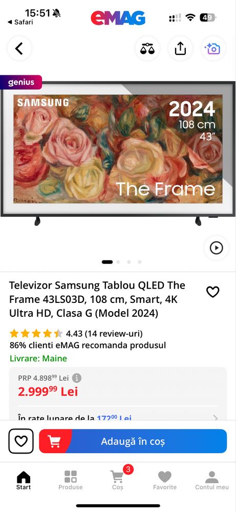 Televizor Samsung Tablou QLED The Frame 108 4k