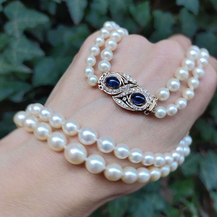 (PROMOTIE) colier perle Akoya, aur 14k, safire, diamante, certif.