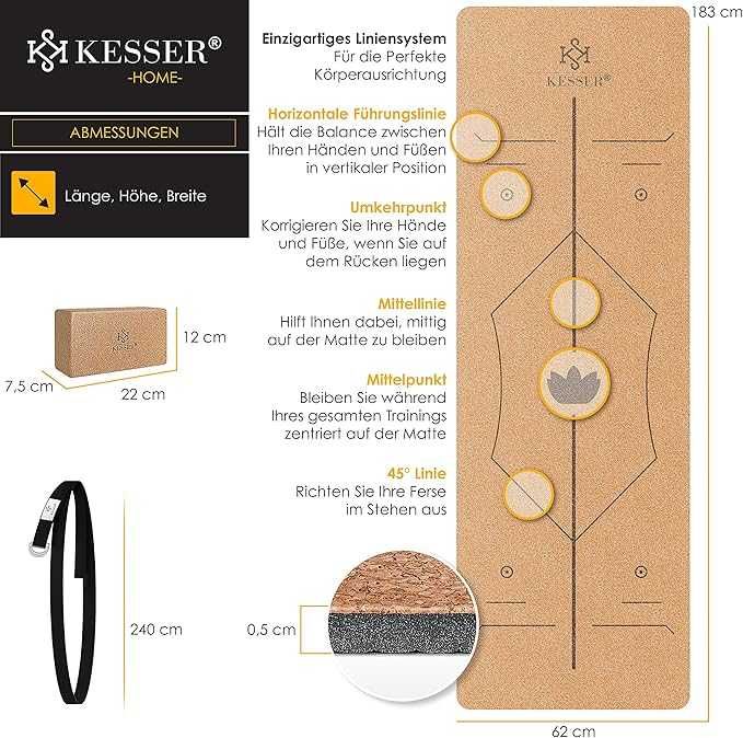KESSER® постелка за йога корк, включително чанта за носене  183 x 62