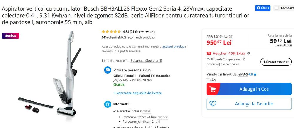 Aspirator vertical cu acumulator Bosch BBH3ALL28 Flexxo Gen2 Seria 4