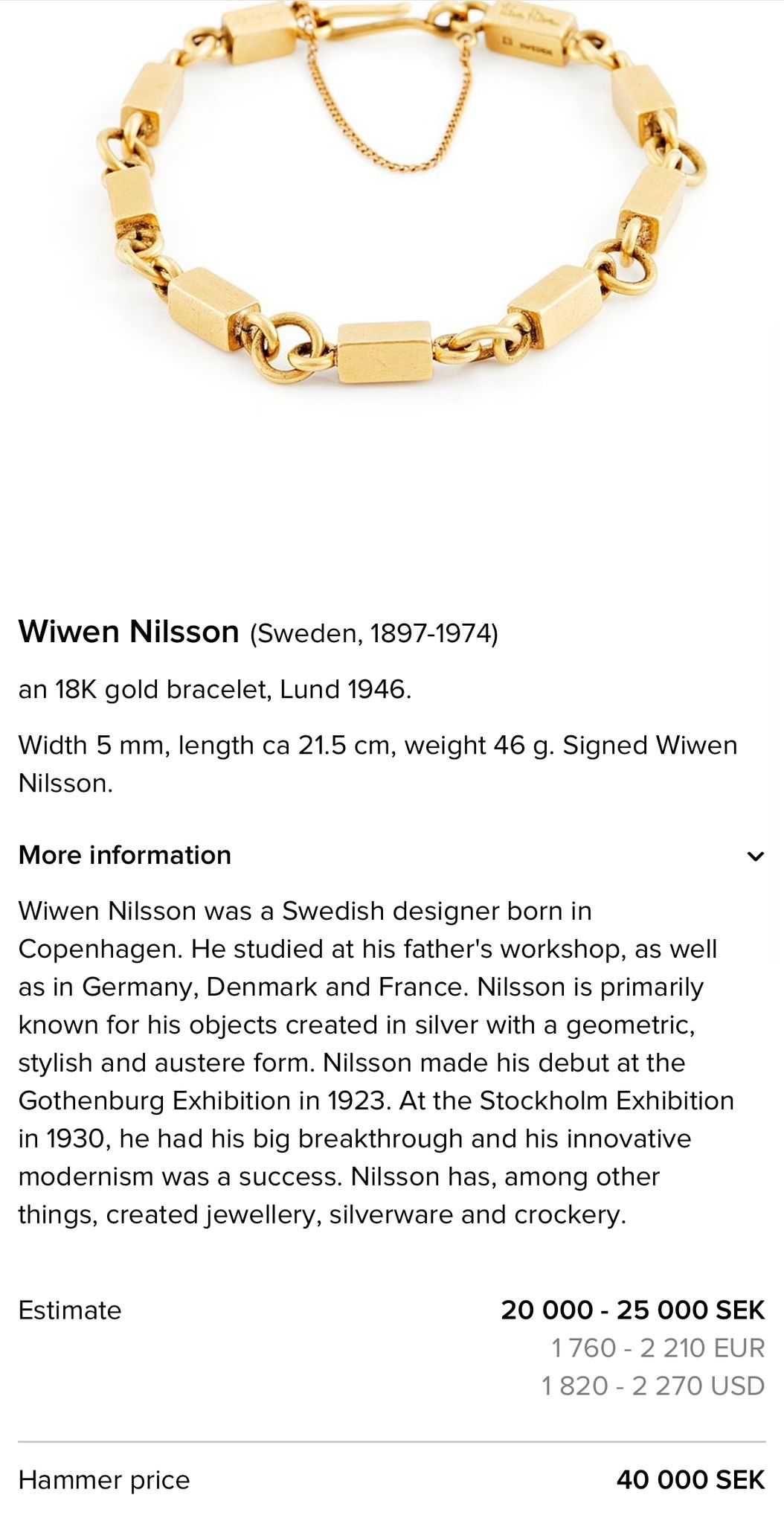 BRATARA AUR 18K - Wiwen Nilsson - Sweden - Unisex -Vintage 1964 -28.5g