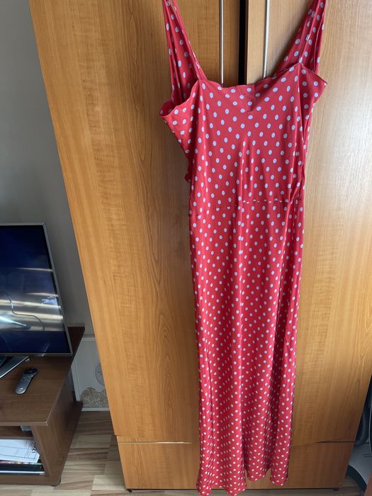 Rochie matase naturala rosie cu buline vintage Lavinia Turra lunga