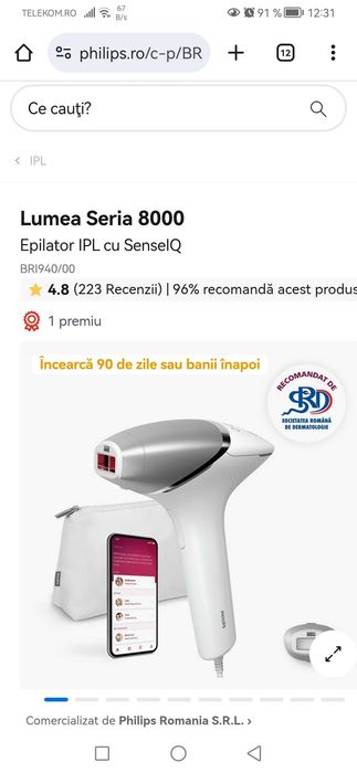 Vând Epilator IPL PHILIPS Lumea seria 8000, BRI940 aflat în garanție