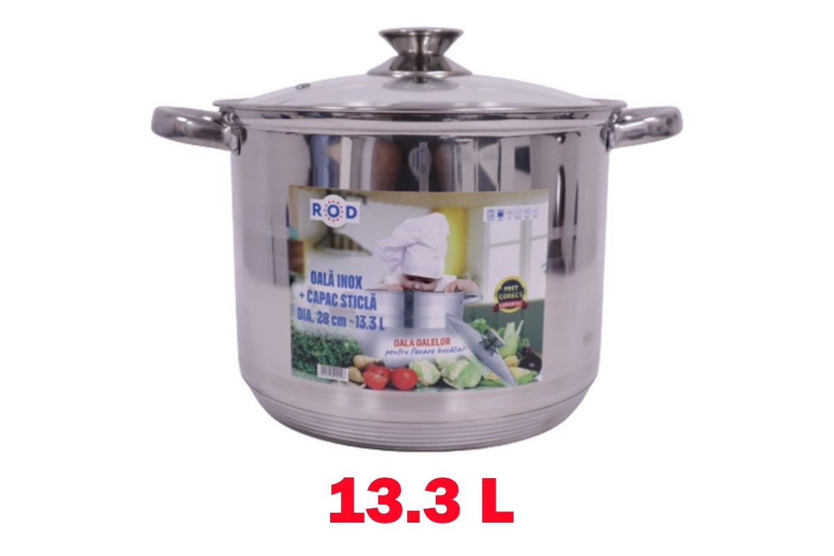 Oala inox 13,3 L 28x24 cm si pt INDUCTIE capac de sticla termorezisten