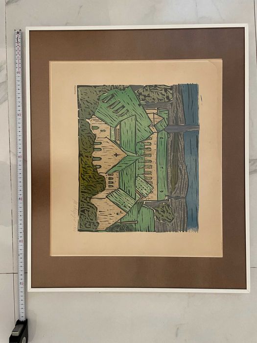 litografie print vechi semant original in rama expozitionala an 1963