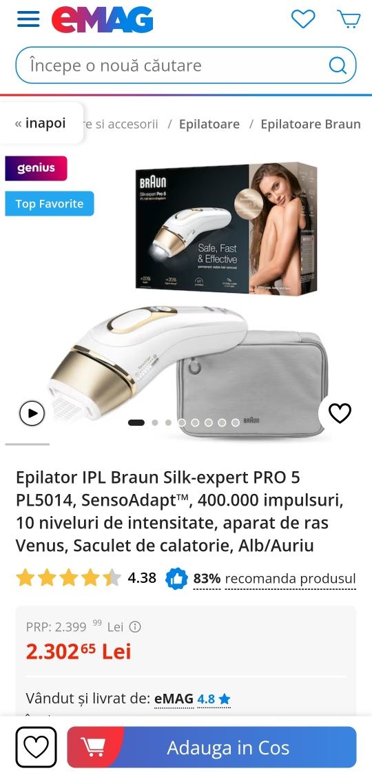 Epilator IPL Braun Silk-expert PRO 5 PL5014, SensoAdapt™, 400.000 impu