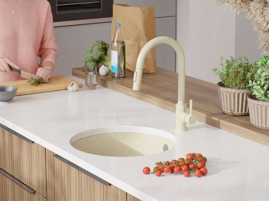 Бежова кръгла кухненска мивка за вграждане под плот Валета 50 460x460