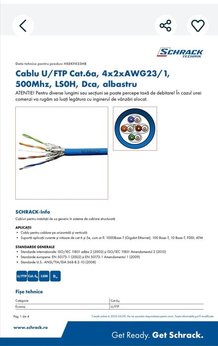 Cablu retea Cat 6 U/FTP rola 500 m,  Cat7A S/FTP