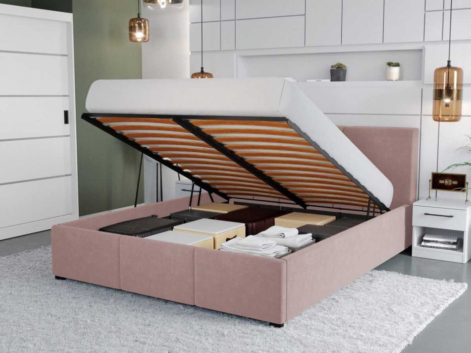 Pat Tapitat Avelis Roz cu somiera rabatabila si lada de depozitare