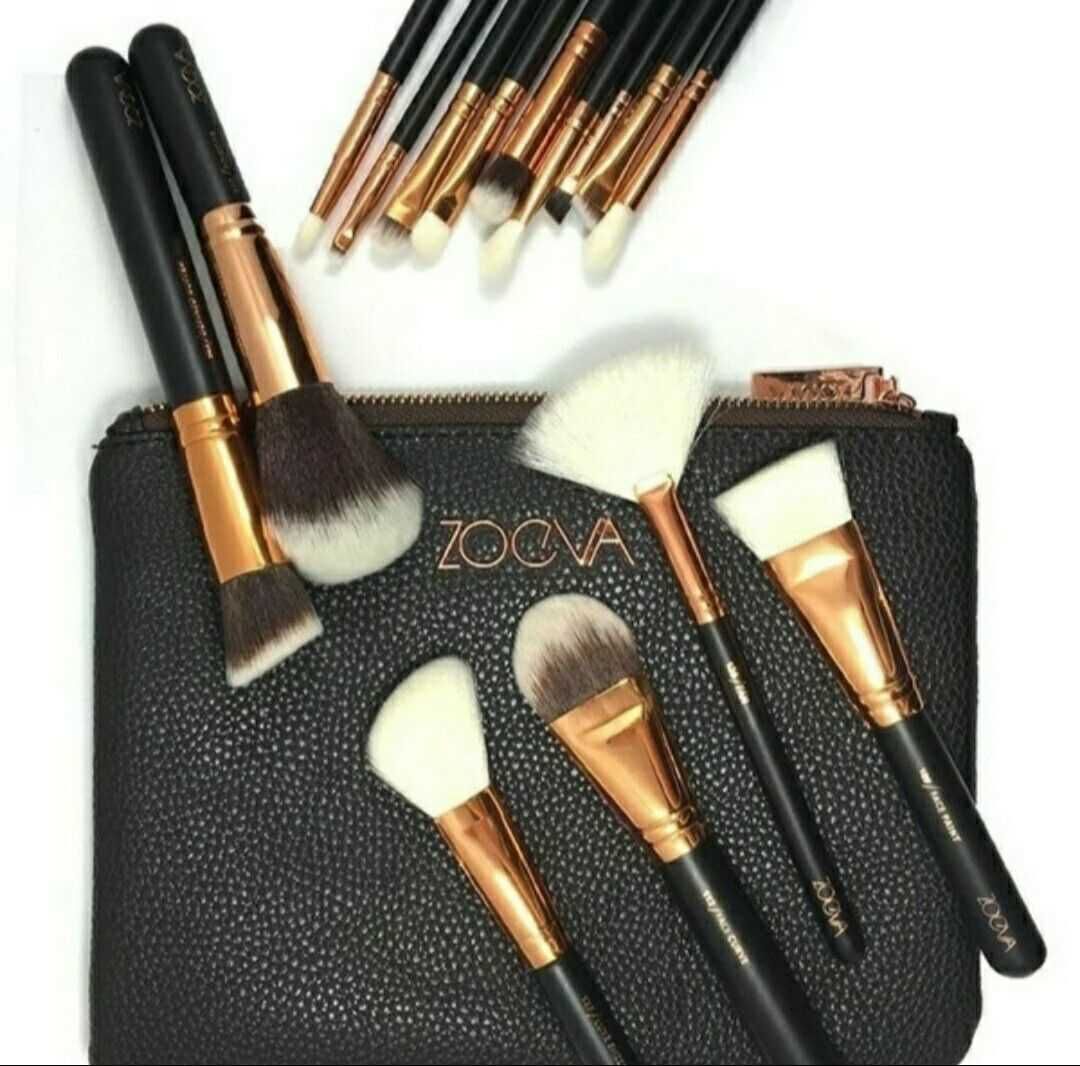 нов сет четки за грим Зоева 15бр с чантичка кафяво Zoeva brush set