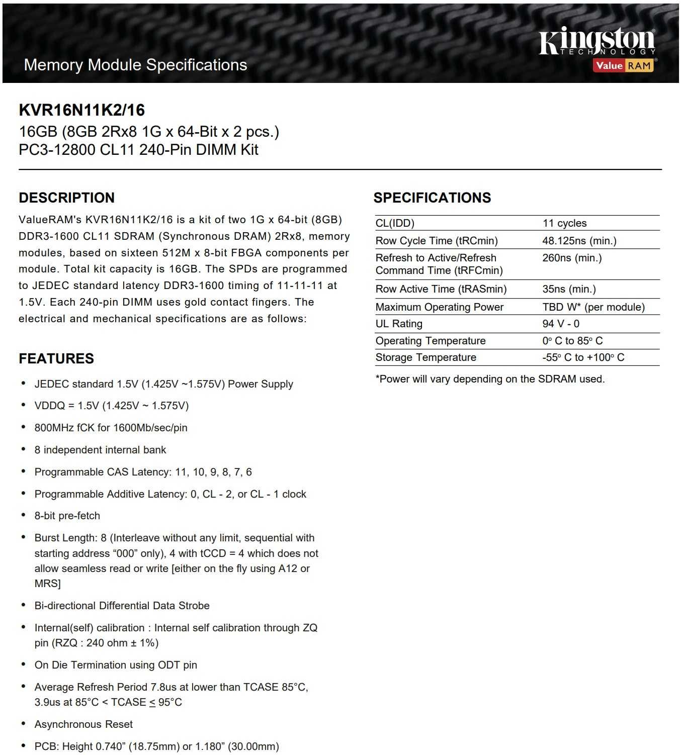 RAM 16GB 2x8gb Kingston 1600Mhz DDR3 Low Profile