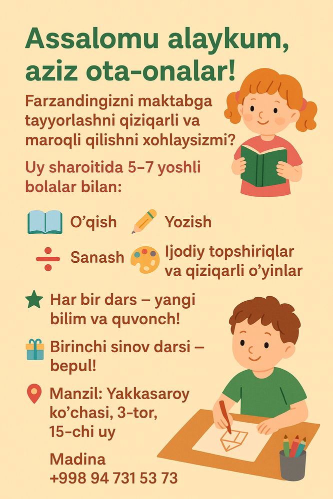 Dars mashgʻulotlari 1 oy sinov mudatti bilan