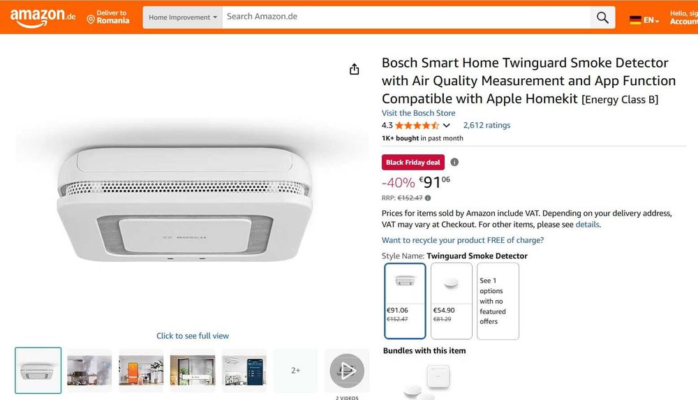 Detector de fum Bosch Twinguard cu masurare a calitatii aerului