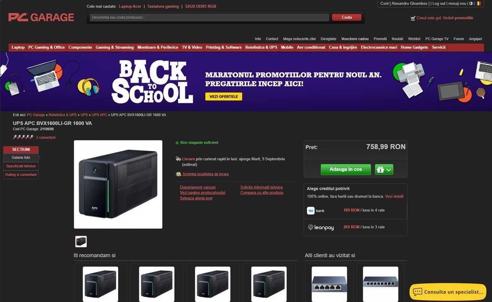 UPS apc BVX1600LI-GR 1600 VA