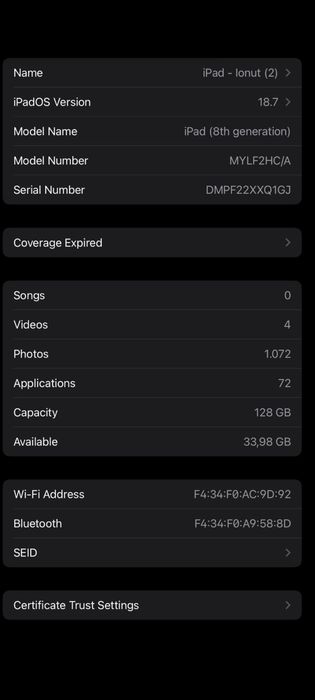Vând Ipad 8th generation 2020 128Gb wifi