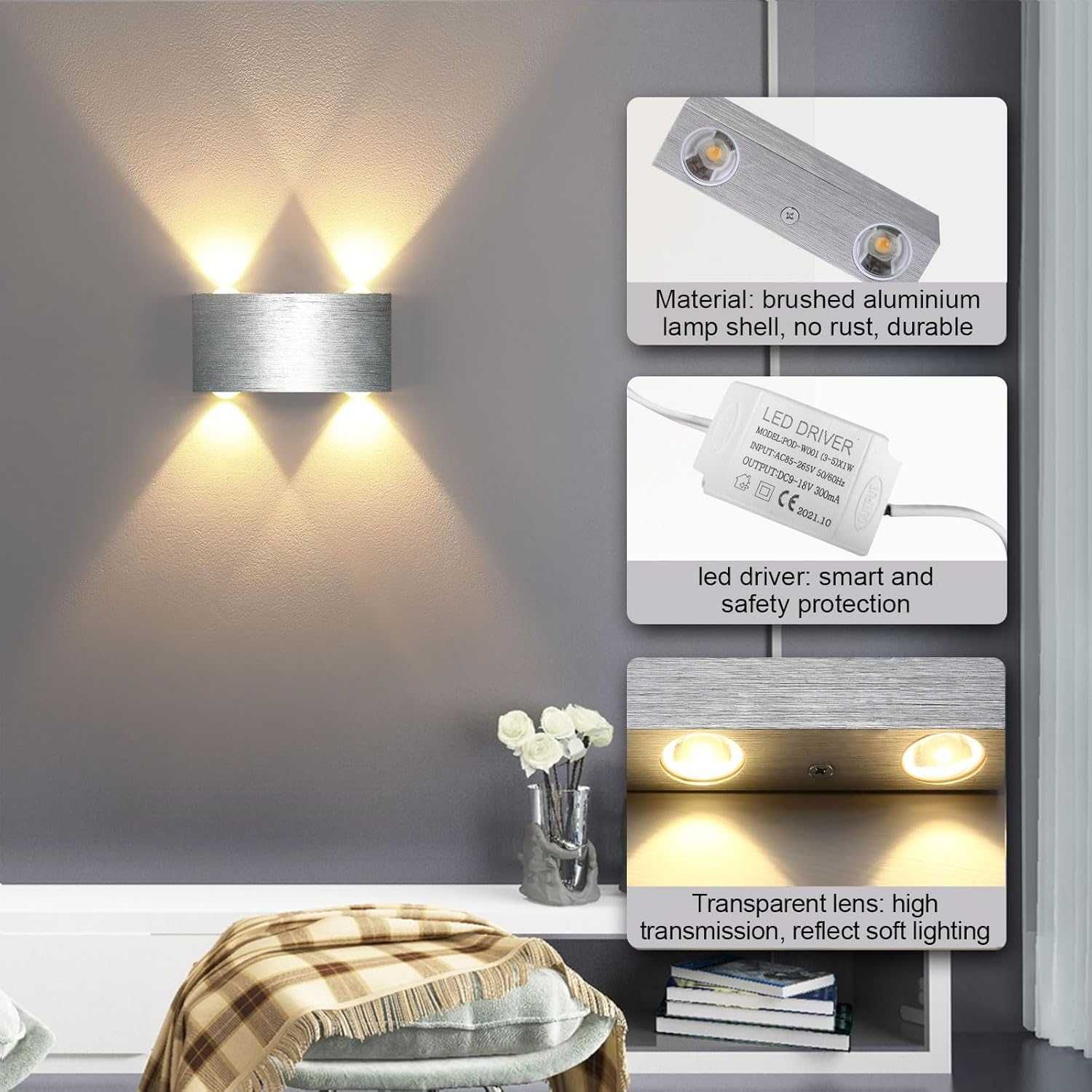 НОВА! LED лампа за стена, аплик, топло бяло, 4W, 2 бр/к-кт