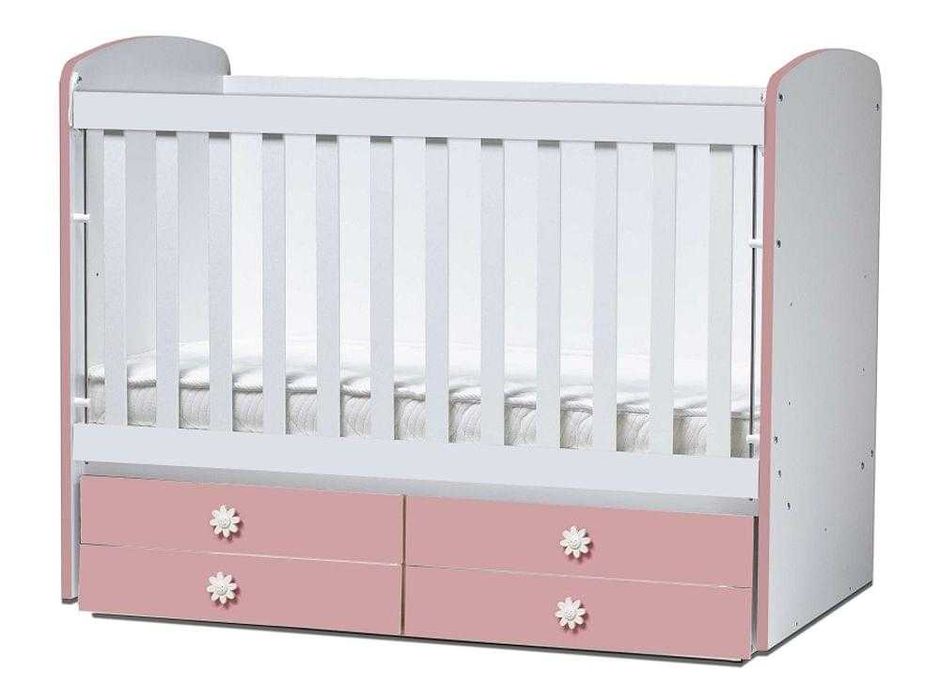 Детско/бебешко легло люлка Диана с 4 чекмеджета Бяло-Розово 120х60