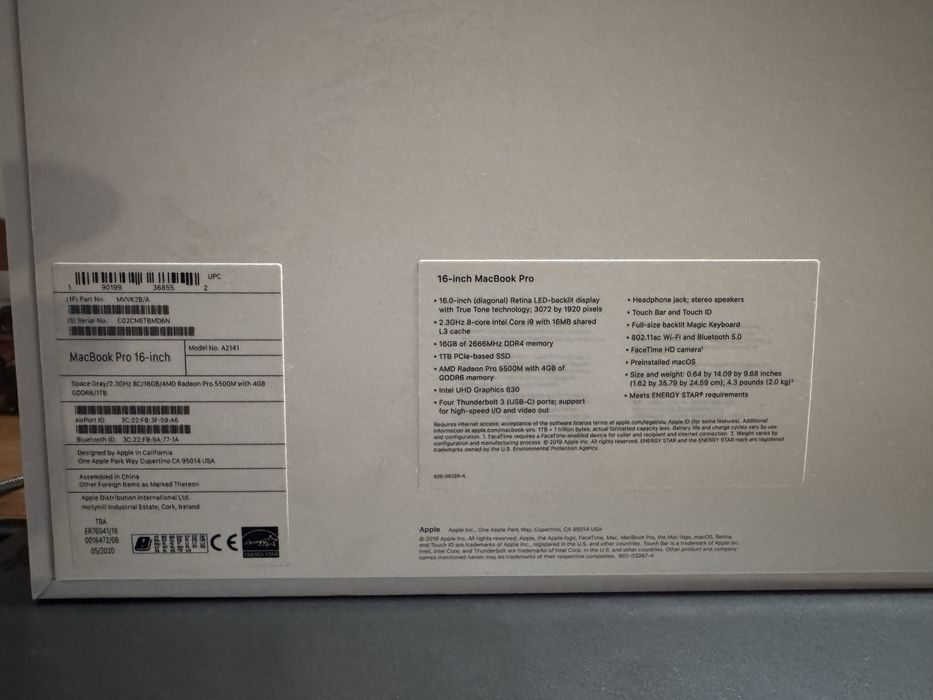 16” Macbook Pro 2019 i9 1TB 5500m 16gb