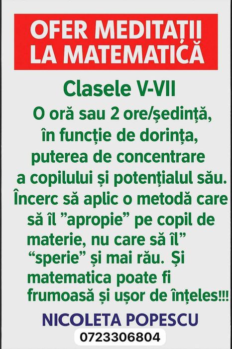 Meditatii la matematica gimnaziu-Pitești, Ștefănești, zone apropiate